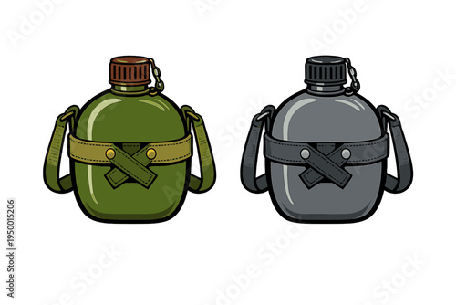 A vector illustration featuring two military-style water canteens