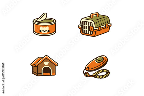 A collection of four pet care icons featuring an open can of cat