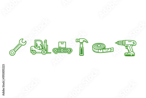 A collection of green line art icons featuring industrial and