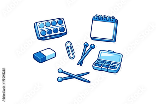 A set of blue art and office supply stickers including a watercolor