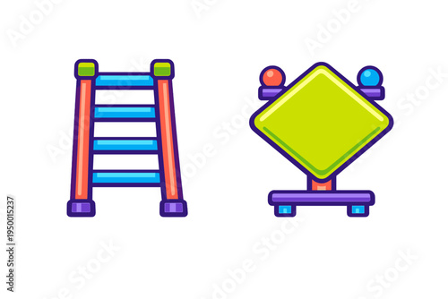 A set of two colorful vector icons featuring a cartoon stepladder and