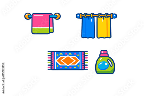 A set of colorful vector icons featuring household items including a
