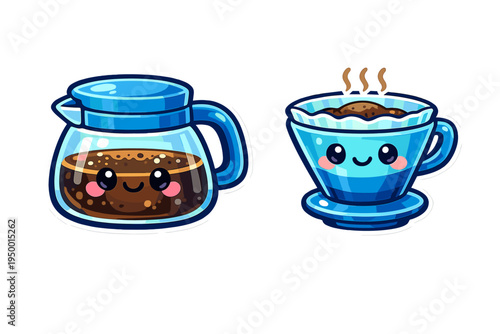 Kawaii vector art featuring a smiling blue glass coffee carafe and a