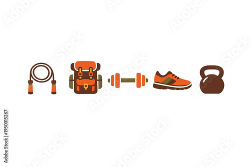 Set of minimalist fitness and hiking icons featuring a skipping rope