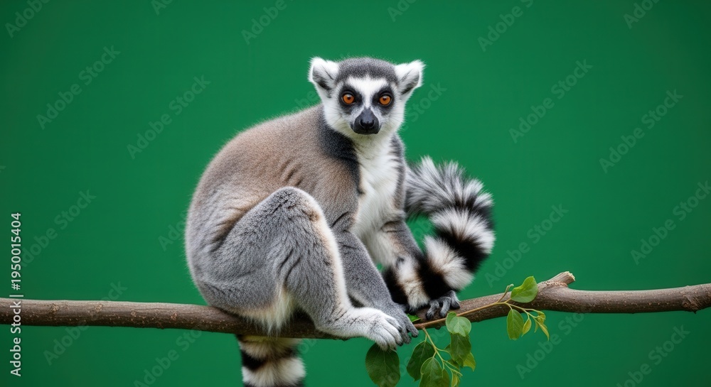 Fototapeta premium Cute Ring-tailed Lemur Sitting on Tree Branch with Green Background