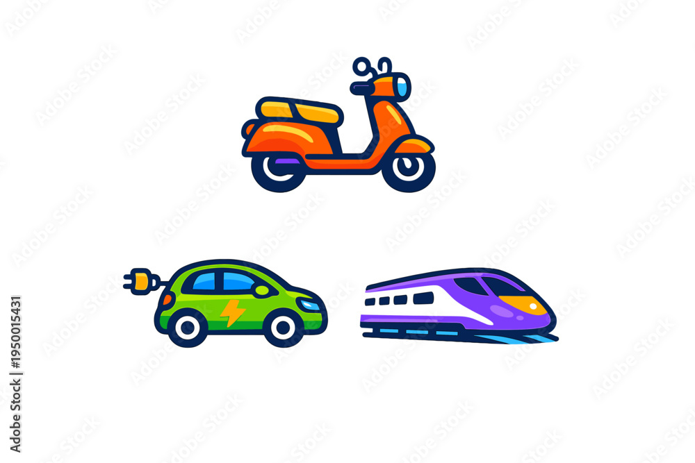 Naklejka premium A set of colorful vector icons depicting sustainable transportation