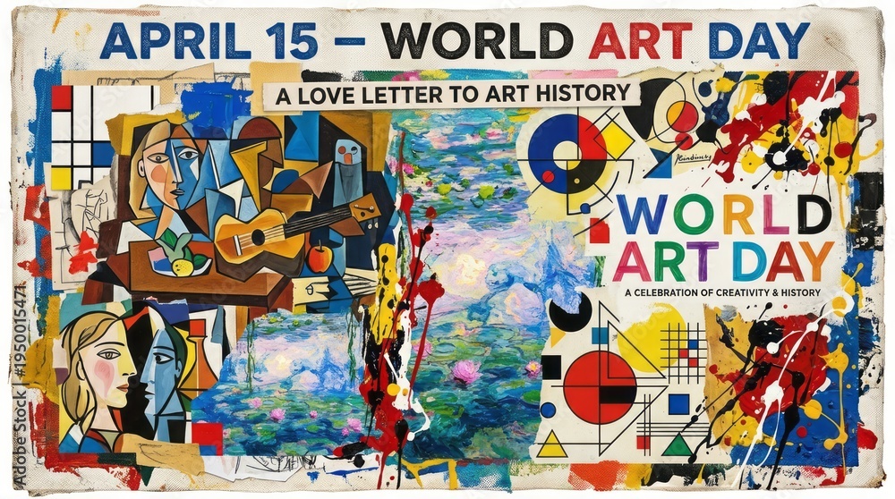 Obraz premium world art day poster with vintage art history collage and creative elements