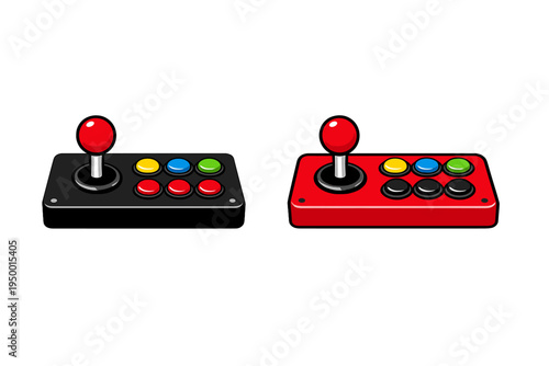 Vector illustration of two retro arcade fight sticks, one in black