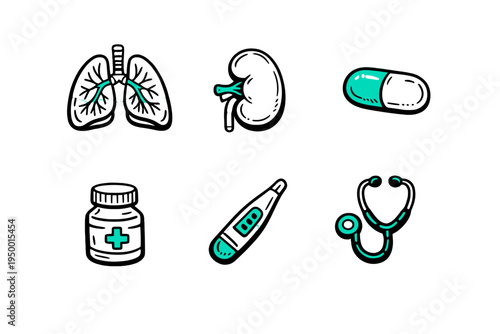 A collection of six hand-drawn medical icons featuring lungs, a