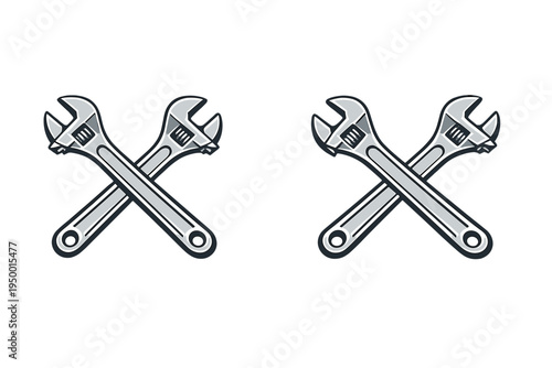 Two sets of crossed adjustable wrenches displayed on a white