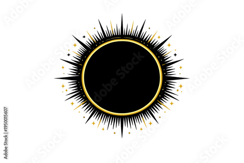 A stylized celestial symbol featuring a central black circle framed