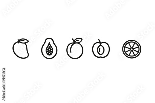 Set of five minimalist black line art fruit icons including mango