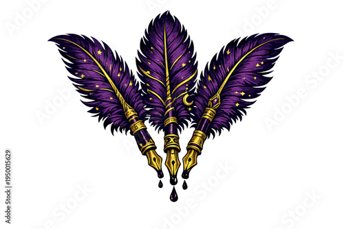An illustration of three ornate purple feather quill pens with gold
