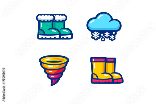 A collection of weather-themed vector icons featuring winter boots