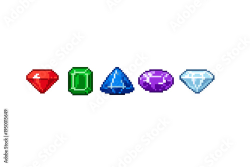 A set of five colorful pixel art gemstones isolated on a white