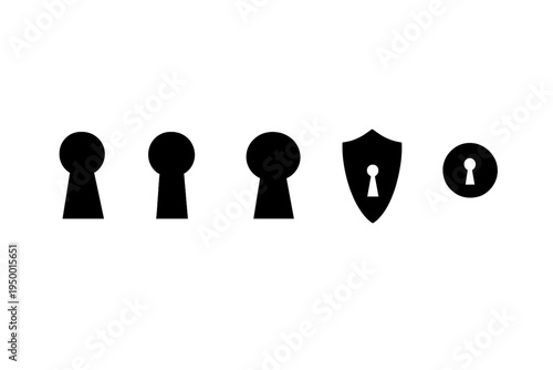 A set of five black keyhole silhouettes in various styles, including