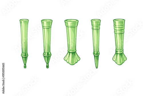 Set of five green translucent glass quills or magic tools with