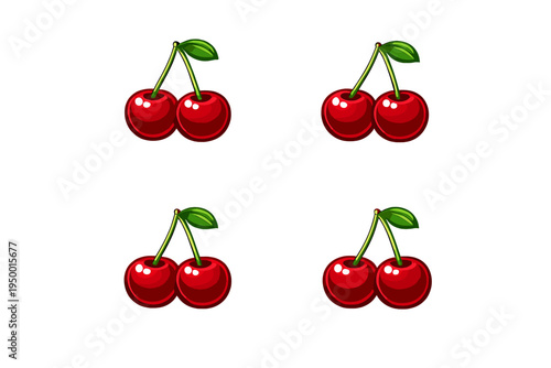 A set of four glossy red cherry pairs with green stems and leaves