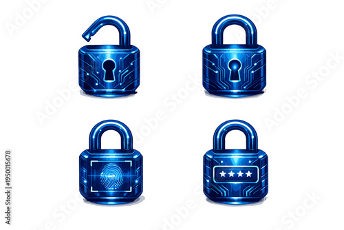 A set of four blue glowing digital padlock icons representing