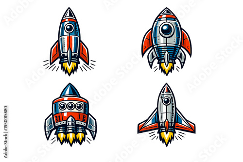 A set of four retro-style rocket ship illustrations featuring bold