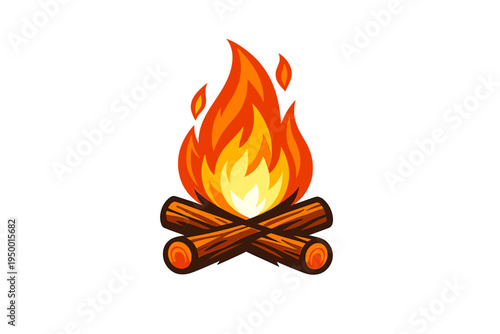 Stylized vector illustration of a campfire featuring crossed wooden