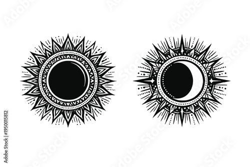 A set of two hand-drawn celestial symbols featuring a sun and a