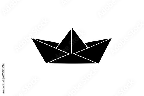 A minimalist black silhouette of an origami paper boat isolated on a