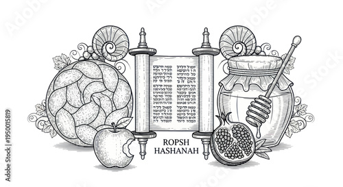Rosh Hashanah Symbols: Torah Scroll, Apple, Honey, Pomegranate, Challah Bread