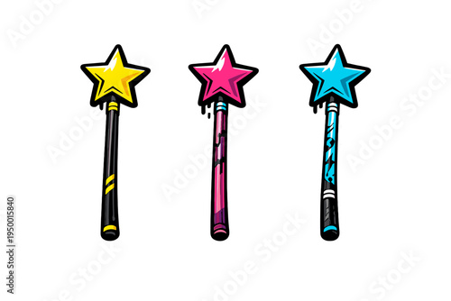 A set of three colorful star-shaped magic wands in yellow, pink, and