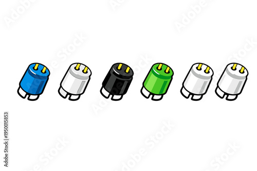 A set of six colorful fluorescent lamp starter icons in a flat vector
