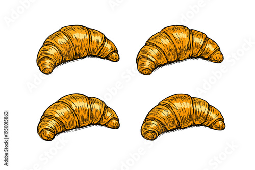 Set of four hand-drawn croissant illustrations with a vintage etched