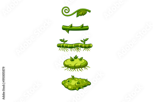 A collection of stylized green plant parts including a curled vine, a