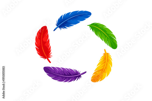 A circular arrangement of five vibrant, multicolored feathers