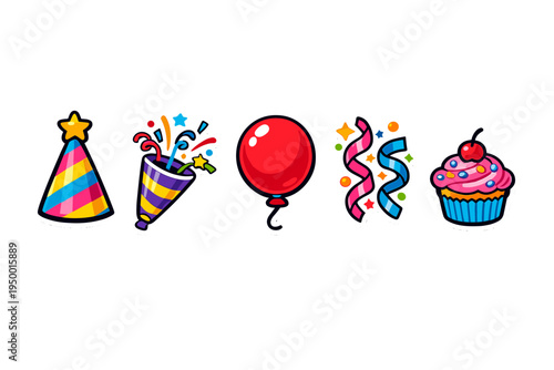 A collection of vibrant party-themed stickers featuring a striped