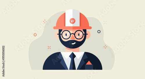 Flat design illustration of a male engineer wearing a hard hat and glasses