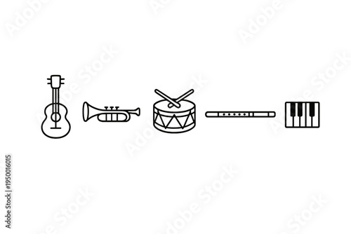 A collection of minimalist musical instrument icons featuring a