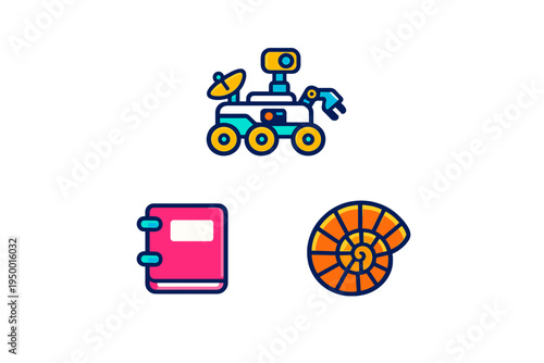 A set of three flat vector icons featuring a space exploration rover