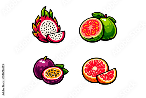 A collection of four tropical fruit stickers including dragon fruit