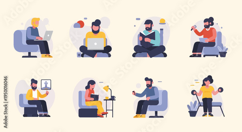 Diverse people engaged in various activities like reading, working, and exercising