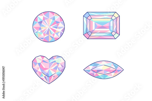 A collection of four faceted gemstone icons in round, emerald, heart