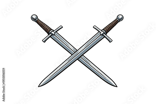 This vector artwork depicts two crossed medieval swords with silver