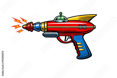 A retro-style space blaster toy with a red body, blue grip, and