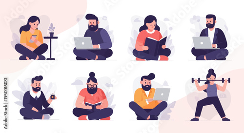 Diverse people engaged in various activities like reading, working on laptops, and exercising (1)