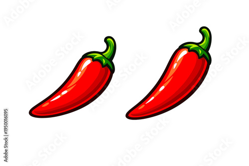 Two vibrant red chili peppers with green stems and glossy highlights
