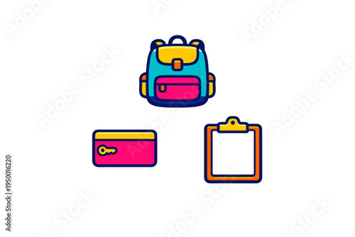 A set of three colorful school and office icons featuring a vibrant