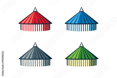 A set of four stylized circus tent icons in red, blue, grey, and