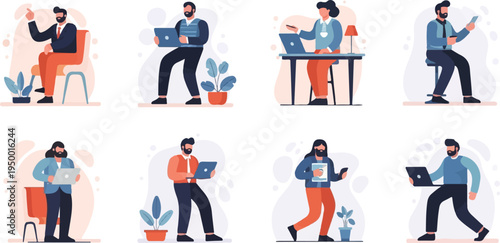 Flat design illustration of diverse individuals engaged with technology in modern workspaces