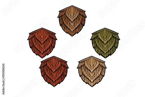 A set of five stylized icons featuring a layered scale or feather