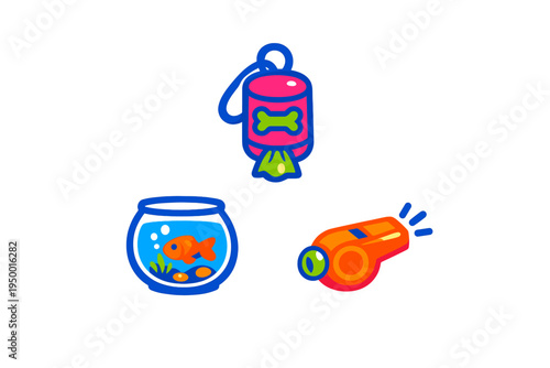 A set of three colorful pet care icons featuring a pink poop bag
