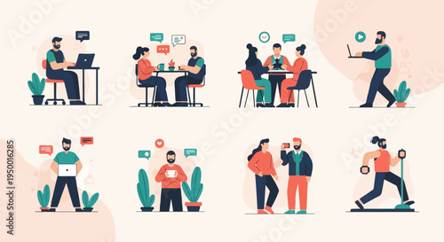 Diverse people engaged in various activities like working, chatting, and exercising